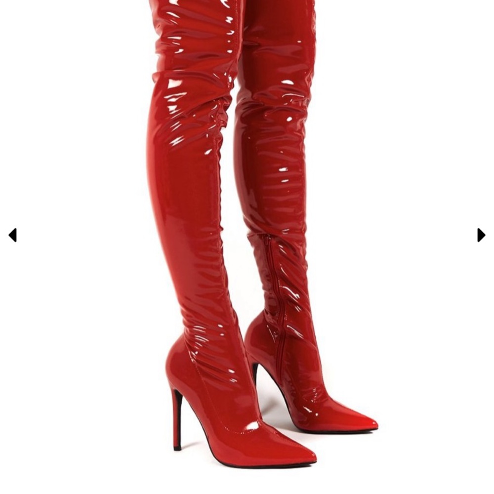 Red leather public video Over the knee boots
